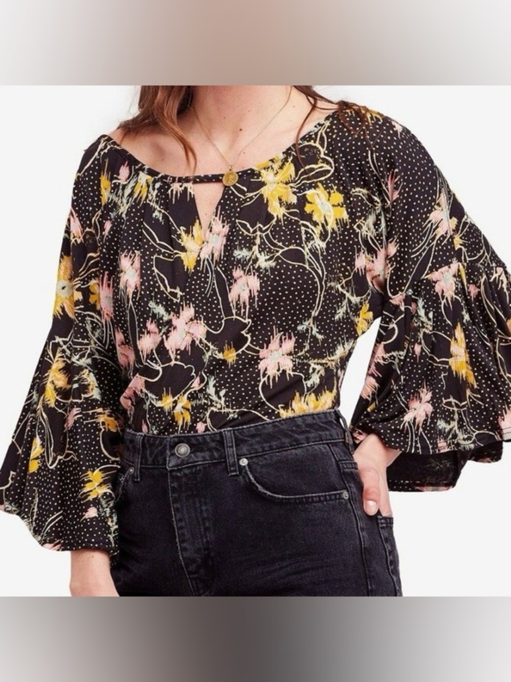 Free People Last Time Floral Printed Bell Sleeve Wrap Top XS EUC